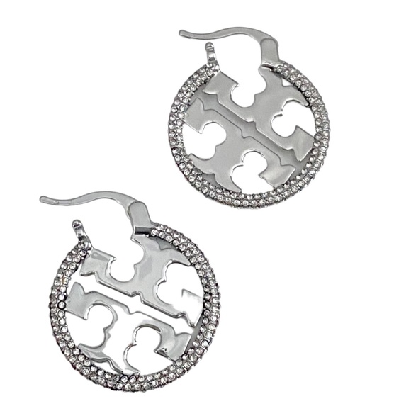 NEW Tory Burch SILVER PAVE Miller Hoop Earrings $305 - Picture 3 of 7